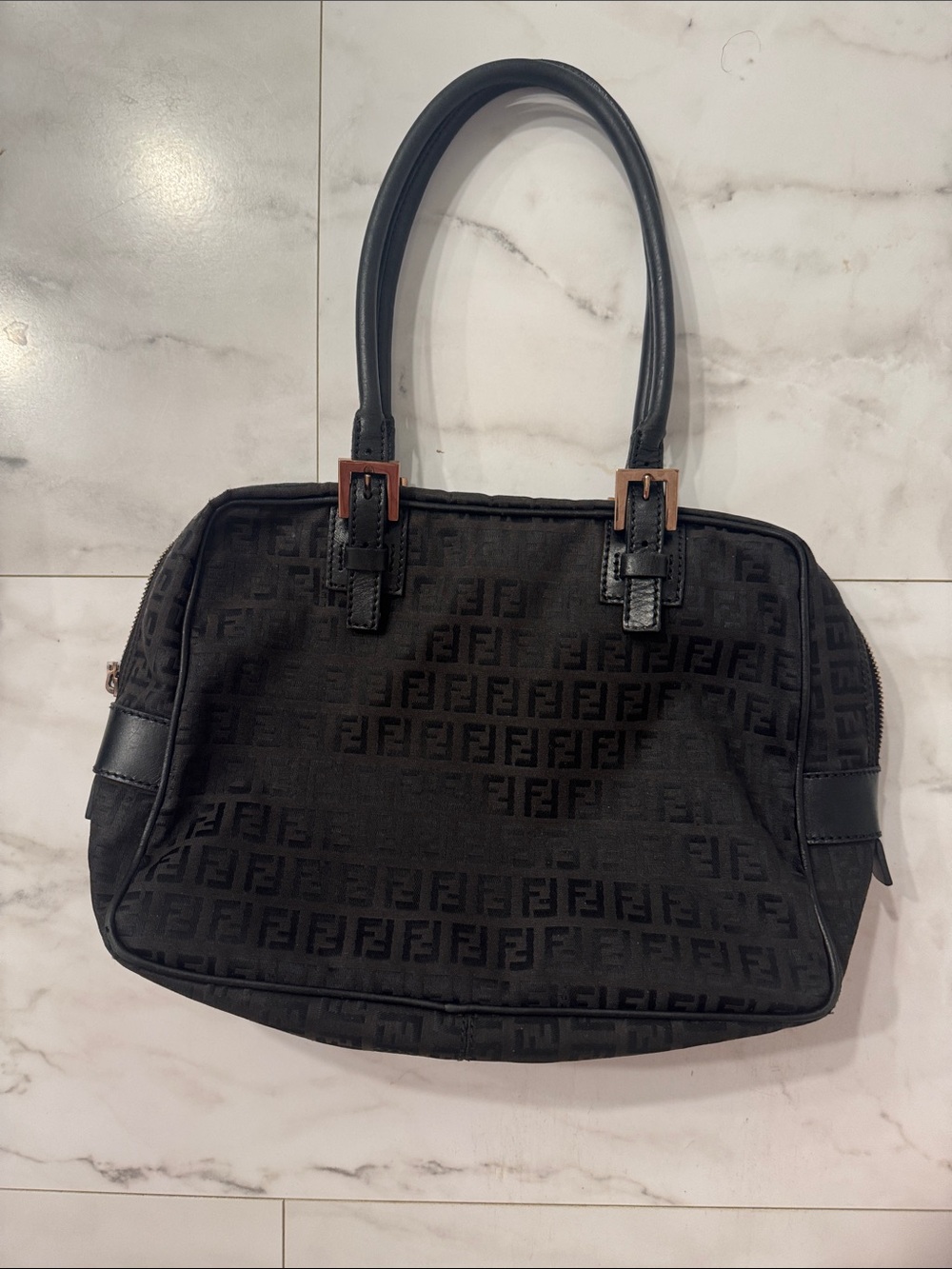 Fendi Black Zucca Shoulder Bag with Leather Trim Vintage